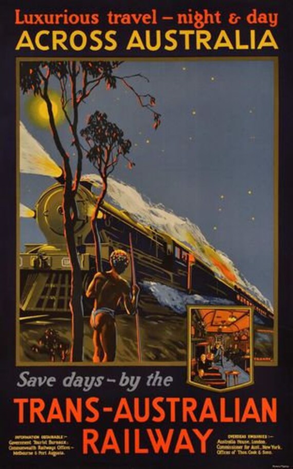 Travel By Trans-Australian Railway. Luxurious Travel - Night and Day Across Australia. Tourism Travel Poster Travel By Trans-Australian Railway. Luxurious Travel - Night and Day Across Australia. Tourism Travel Poster