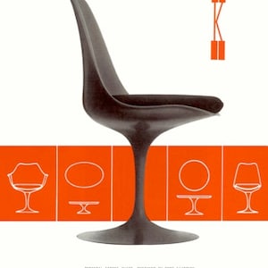 May include: A black pedestal chair with a white outline of the chair and table in orange squares. The text "PEDESTAL SERIES CHAIR, DESIGNED BY EERO SAARINEN" and "KNOLL INTERNATIONAL ITALY" is below the chair. The text "MILANO: PIAZZA BELLIDOJO 2" and "ROMA: VICOLO ORTO DI NAPOLI 4" is below the text.