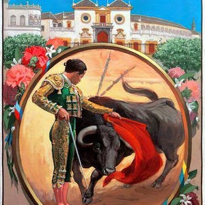May include: Vintage poster advertising the Plaza de Toros de Sevilla. The image features a matador in a gold and green suit with a red cape facing a black bull. The background shows a bullring and blue sky.