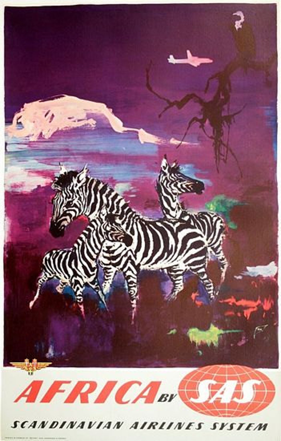 Vintage SAS Scandinavian Airlines Vuelos a África Zebra Cartel A3