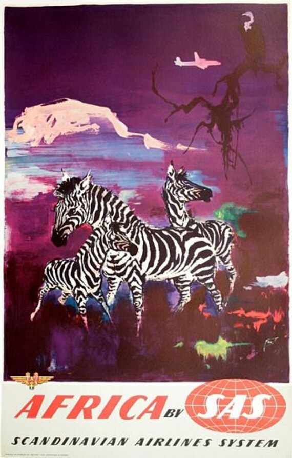 Vintage SAS Scandinavian Airlines Flights to Africa Giraffe Poster A3 Print
