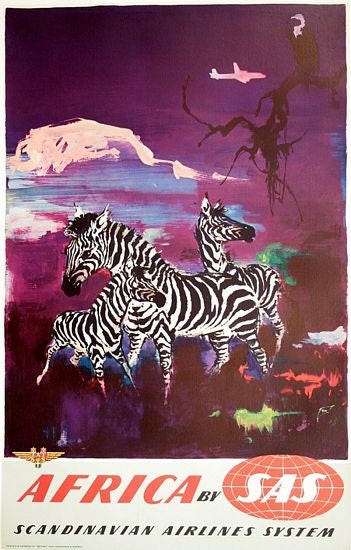 Vintage SAS Scandinavian Airlines Vuelos a África Zebra Cartel A3
