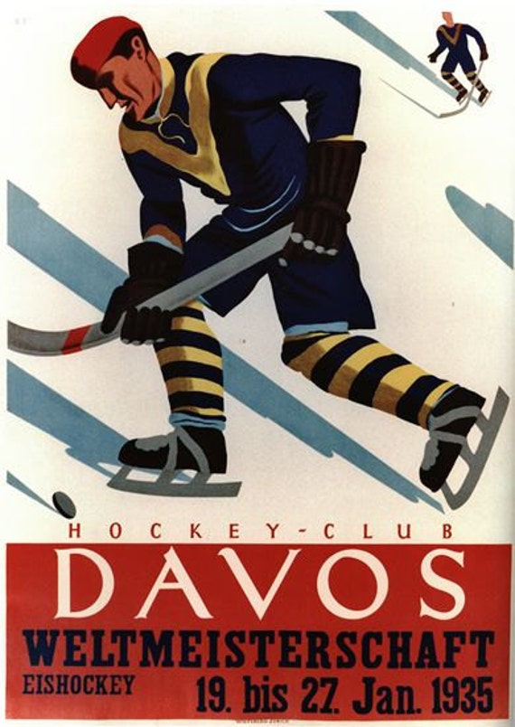 1935 ICE HOCKEY WORLD CUP DAVOS Vintage Swiss Winter Sports Poster 