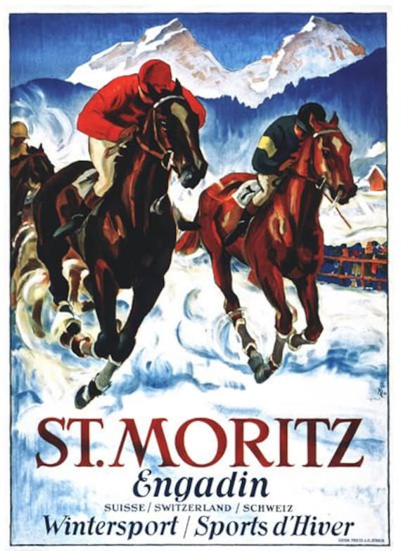 Vintage St Moritz Switzerland Horse Racing Winter Sports Poster A3