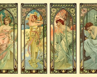 Times Of The Day Alphonse Mucha Lovely Art Nouveau 4 Panel Poster A3 Re Print