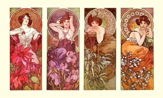 The Four Gemstones Alphonse Mucha Lovely Art Nouveau 4 Panel