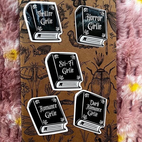 Bookish girlie vinyl stickers | thriller | dark romance | sci-fi | horror | romance