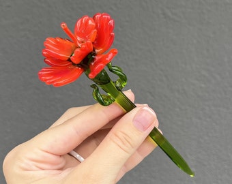 Red Glass Flower Long Stem - Flower Statue for Vase - Murano Red Glass Flower Arrangement - Blown Glass Decorative Flower Figurine