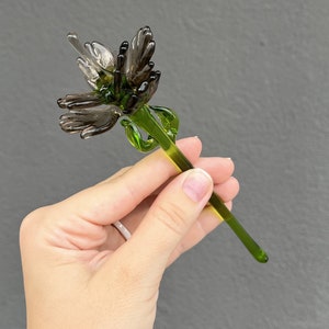 Glass Flower Figurine for Vase Long Stem Glass Flower Gifts Blown Flower Stakes Gray Glass Flower Gift for Mom Gifts for Women image 1