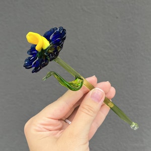 Long Stem Glass Flower Statue - Blue Glass Flower Figurine - Blown Glass Flower for Vase - Flower Gift for Girlfriend - Gifts for Women