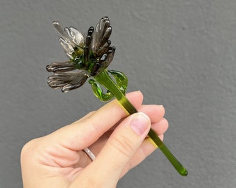 Glass Flower Figurine for Vase - Long Stem Glass Flower Gifts - Blown Flower Stakes - Gray Glass Flower Gift for Mom - Gifts for Women