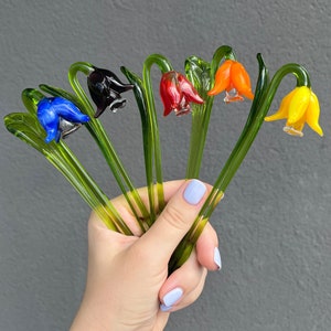 Glass Long Stem Flower - Bell Flower Glass Statue for Vase Gift Idea - Murano Glass Arrangement - Blown Glass Decorative Flower Figurine