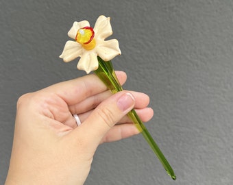 Glass Daffodils Flower - Blown Glass Daffodils Gift Idea - White Flower Decor for Home - Decorative Flower for Vase - Collectble Flowers