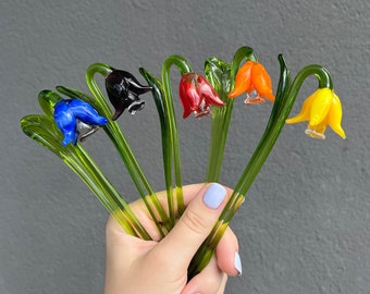 Glass Long Stem Flower - Bell Flower Glass Statue for Vase Gift Idea - Murano Glass Arrangement - Blown Glass Decorative Flower Figurine