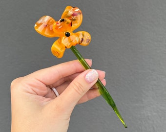 Orange Glass Orchid Flower Figurine - Blown Glass Flower Sculpture for Vase - Orchid Flower Stakes Gifts for Mothers - Floral Arrangement