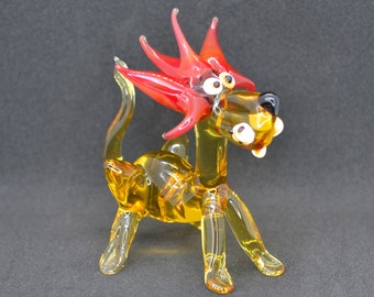 Glass Lion Figurine - Collectible Glass Lion Statue - Yellow Glass Lion Sculpture - Blown Glass Lion Shelf Decoration - Lion Desk Decoration