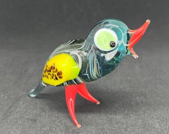 青いガラスの鳥の置物 - 手吹きガラスの鳥の彫刻 - ミニチュアランプ