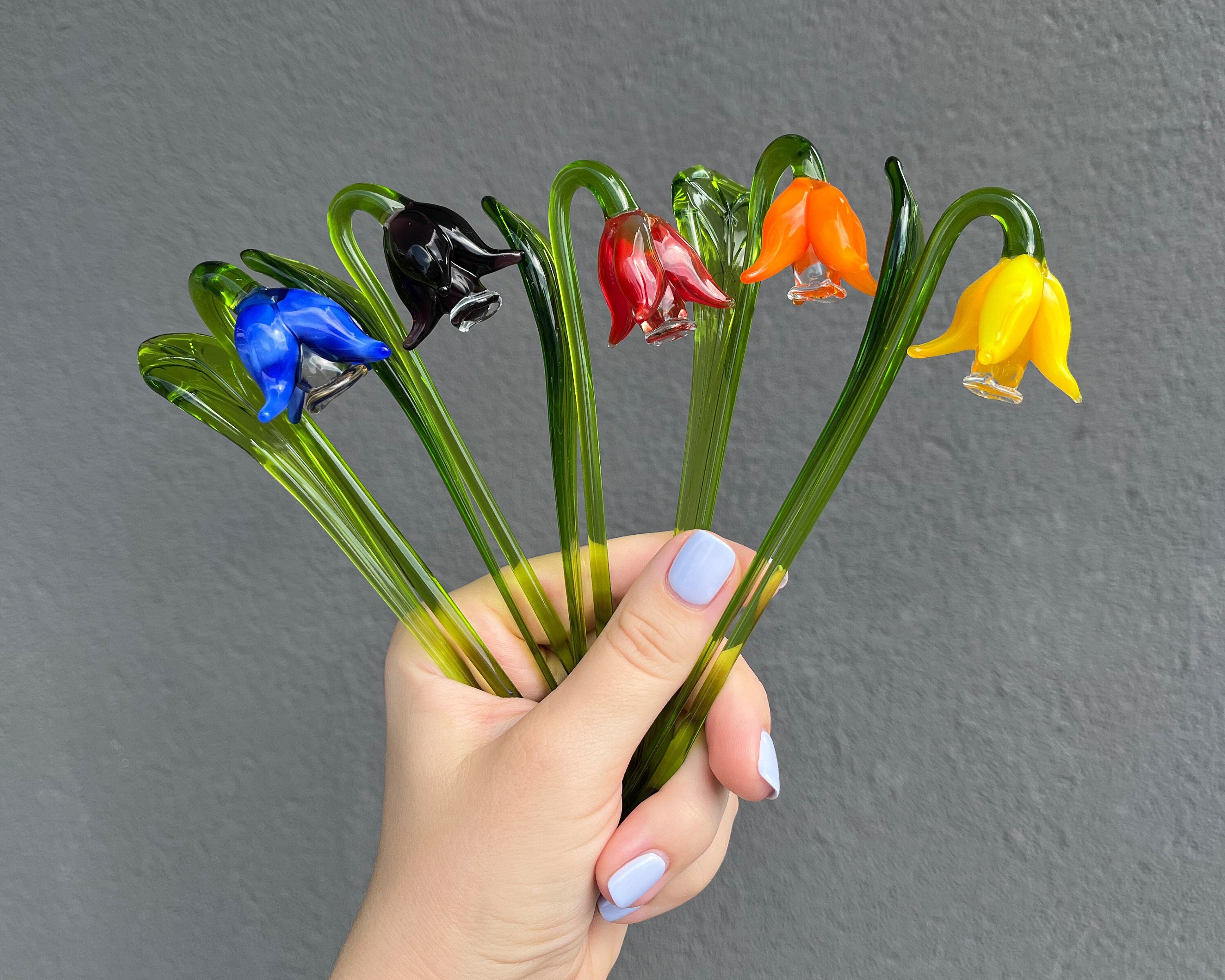 Blown Glass Bell Flower: Long Stem Vase Arrangement, Decorative Figurine