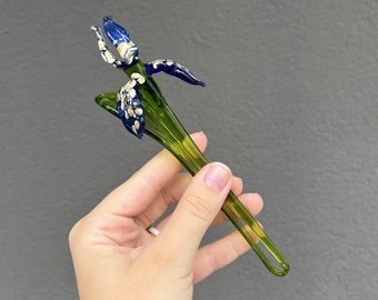 Blue Glass Iris Flower - Glass Iris Flower for Vase - Handcrafted Glass Flower Home Decor - Decorative Long Stem Flower Gift for Mom