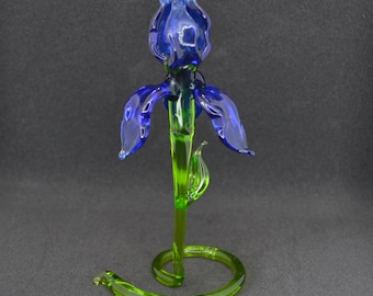 Handcrafted Glass Flower Home Decor - Decorative Iris Flower Gift for Mom - Blue Glass Iris Flower - Glass Iris Collectible Sculpture