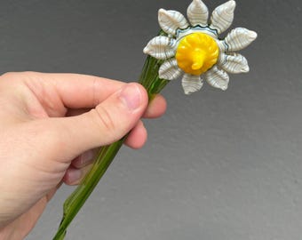 Blown Glass Flower Figurine: White Floral Sculpture, Long Stem
