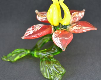 Red Glass Flower Figurine - Blown Glass Flower Sculpture - Flower Stand Gifts for Teachers - Mothers Day Flower Gifts - Decorative Flower