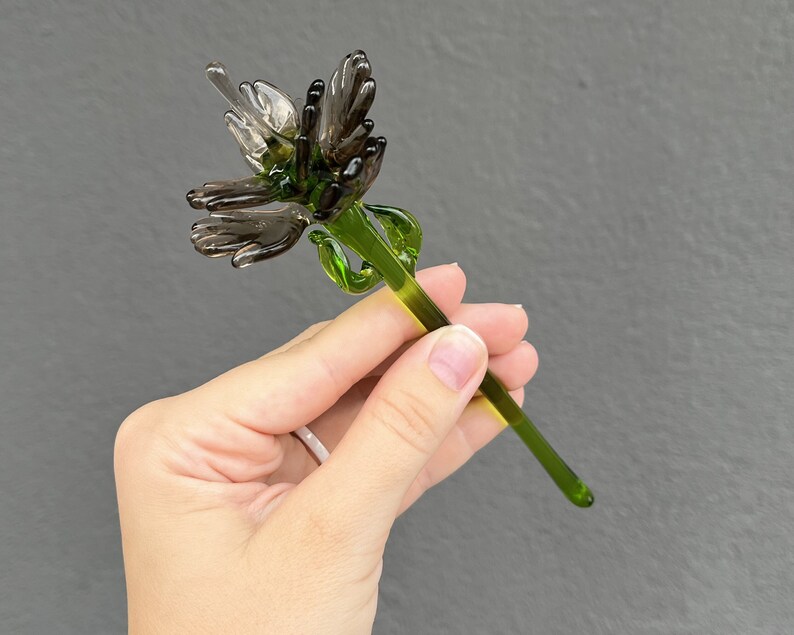 Glass Flower Figurine for Vase Long Stem Glass Flower Gifts Blown Flower Stakes Gray Glass Flower Gift for Mom Gifts for Women image 1