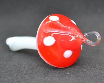 Glass Fly Agaric Mushroom Figurine - Red Mushroom with Loop - Blown Glass Fly Agaric Sculpture - Decorative Glass Mushrooms