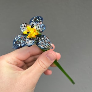 Blue Glass Flower Figurine - Long Stem Glass Flower Statue - Blown Glass Flower for Vase - Flower Gift for Girlfriend - Gifts for Women