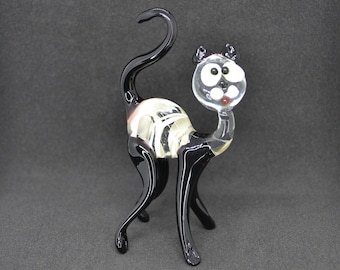 ムラーノスタイルの黒ガラスの猫の置物：コレクター向けのアートガラス