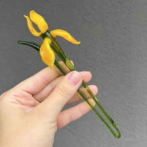 Glass Flower for Vase - Yellow Glass Iris Sculpture - Glass Flower Ornament - Yellow Glass Iris Figurine - Collectible Glass Iris Home Decor