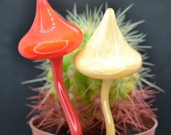 Handmade Blown Glass Mushroom Figurine: Red & Beige Flower Pot Stakes