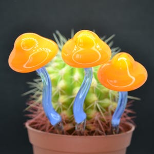 Glass Mushroom Stake - Handmade Orange Mushroom Figurine - Blown Glass Mushroom Sculpture - Decorative Mushroom Stakes for Flower Pots