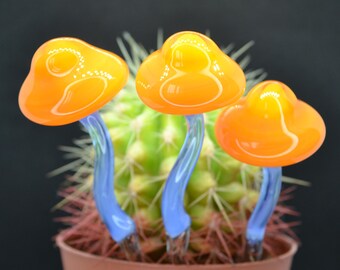 Glass Mushroom Stake - Handmade Orange Mushroom Figurine - Blown Glass Mushroom Sculpture - Decorative Mushroom Stakes for Flower Pots