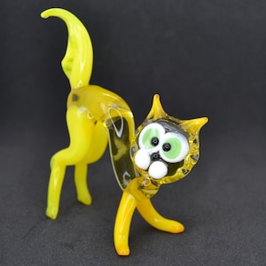 Hand Blown Glass Cat Figurines - Blown Glass Cat Figurines - Glass Animal Figurines Cat - Glass Cat Collectibles - Glass Yellow Cat Ornament