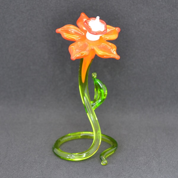 Cadeaux de sculpture de jonquille en verre - Statue décorative de narcisse en verre - Fleur de narcisse en verre - Fleurs artificielles de narcisse en verre orange