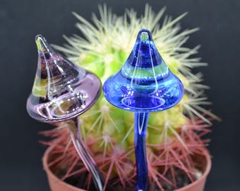 Blown Glass Mushroom Stake: Handmade Blue & Purple Garden Decor