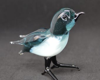 青いガラスの鳥の置物 - 手吹きガラスの鳥の彫刻 - ミニチュアランプ