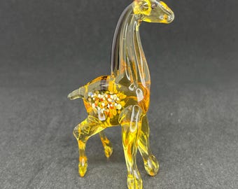 キリン ミニチュア フィギュア 動物 手描き 紫 青 吹きガラス アート