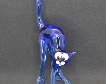 Beeldje blauw kat - Geblazen kattendecoratie glas - Kattenbeeldje van Muranoglas - Kattencadeaus voor kattenliefhebbers vrouwen - Katjesbeeldje van glas