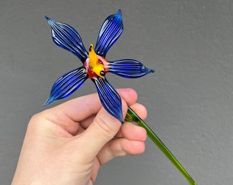 May include: A blue glass flower with yellow and red accents on a green stem. The flower has five petals and is held in a hand.