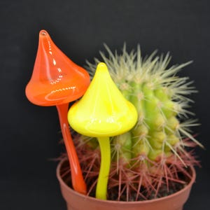 Glass Mushroom Ornament - Blown Glass Mushroom Figurine - Yellow & Orange Mushroom Sculpture - Handmade Glass Garden Art - Mushroom Stakes