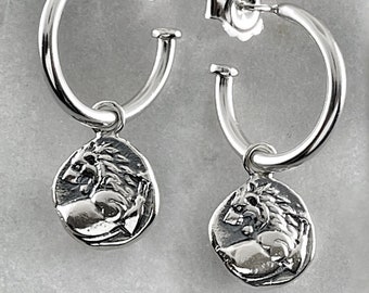 Hoop Lion Drops, Hoop Drops, All Genders Jewelry, Silver Hoop Earrings, Charm Earrings, Sterling Silver Hoop Earrings, Coin Earrings