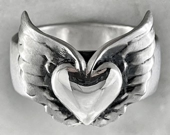 Handmade Sterling Silver Winged Heart Ring, Polished or Oxidized