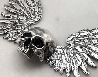 Large Skull Necklace, Gothic Wings, Memento Mori, Macabre Jewelry, Mourning Jewelry