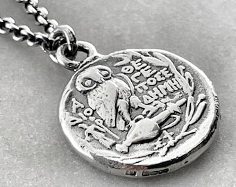 Sterling Silver Athena Owl Coin Pendant Necklace, Greek Mythology Jewelry