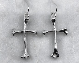 Sterling Silver Bone Cross Earrings, Macabre Jewelry