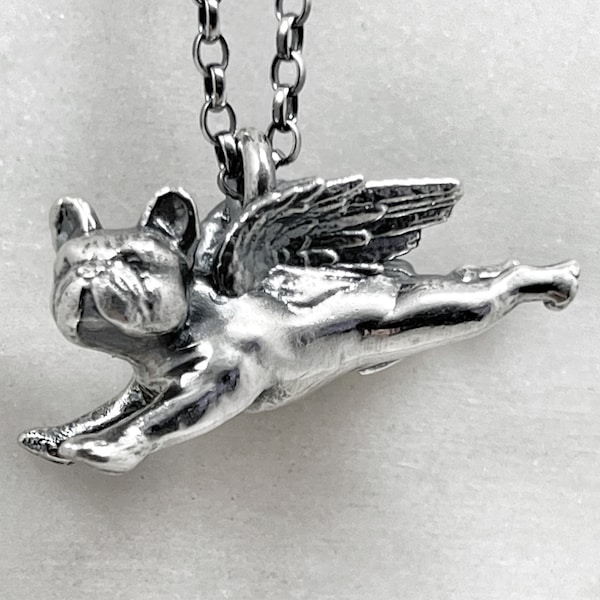 Pendentif Bulldog, Pendentif Dog Angel, Collier bouledogue Français ailé argenté, Cadeau de perte d’animal de compagnie, Chien, Pendentif Bulldog, Ange Bulldog