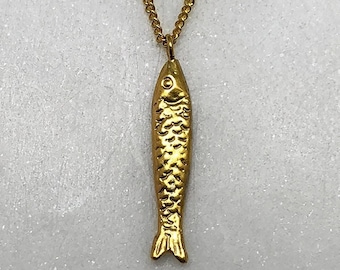 Gold Fish Necklace, Sardine Necklace, Pisces Necklace, Religious Necklace gold fish charm, gold fish pendant, Sardine Pendant