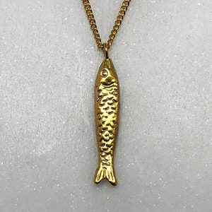 Gold Fish Necklace, Sardine Necklace, Pisces Necklace, Religious Necklace gold fish charm, gold fish pendant, Sardine Pendant
